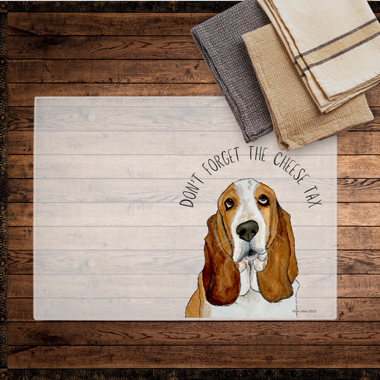 Don’t Forget the Cheese Tax! Funny Dog Breed Glass Chopping Board – Paw-some Kitchen Gift!