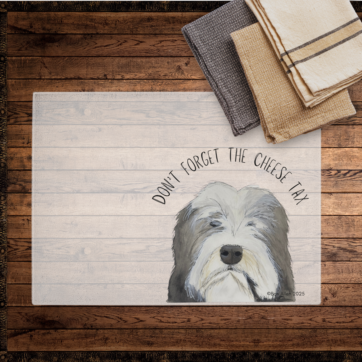 Cheese Tax Enforcer – Bearded Collie Chopping Board of Justice