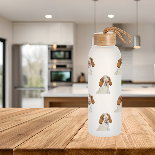 Bracco Italiano Glass Water Bottle with Bamboo Lid, Majestic Face with Criminal Energy,