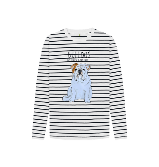 Navy Stripes Furry Road Cool: Bulldog Style Meets Breton Chic in Kid\u2019s Long Sleeve Tee!