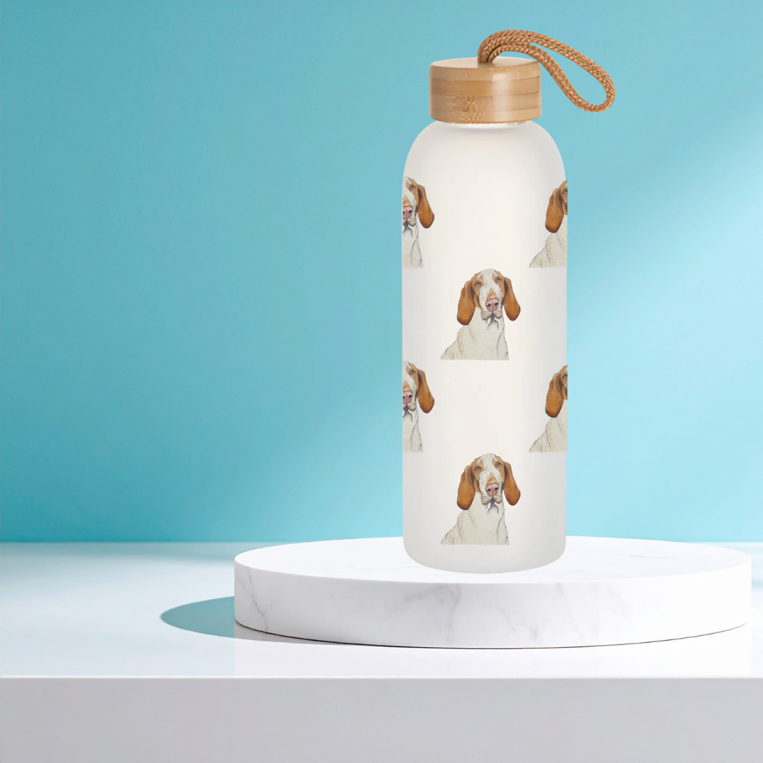 Bracco Italiano Glass Water Bottle with Bamboo Lid, Majestic Face with Criminal Energy,